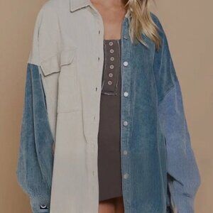Isabelle's Cabinet POL Oversized Corduroy Two-Tone Blue/Cream Shacket Size S